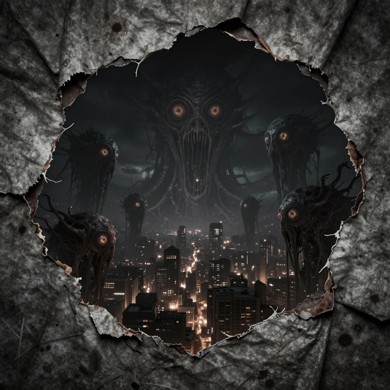 Night sky torn open revealing colossal cosmic entities