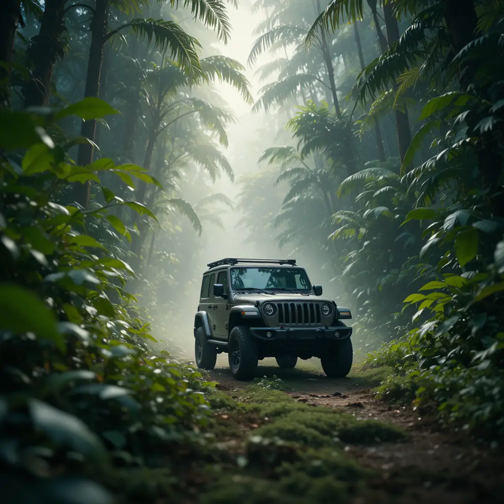 Jeep SUV Driving Through Lush Tropical Jungle From Low Angle