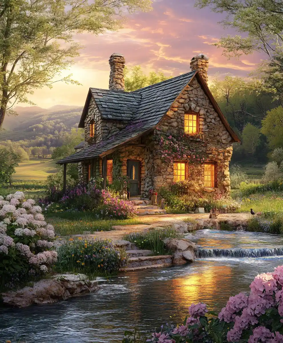 Rustic stone cottage by a tranquil riverside at sunset