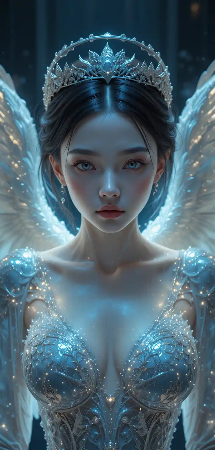 Cybernetic angel with wings and Korean woman face