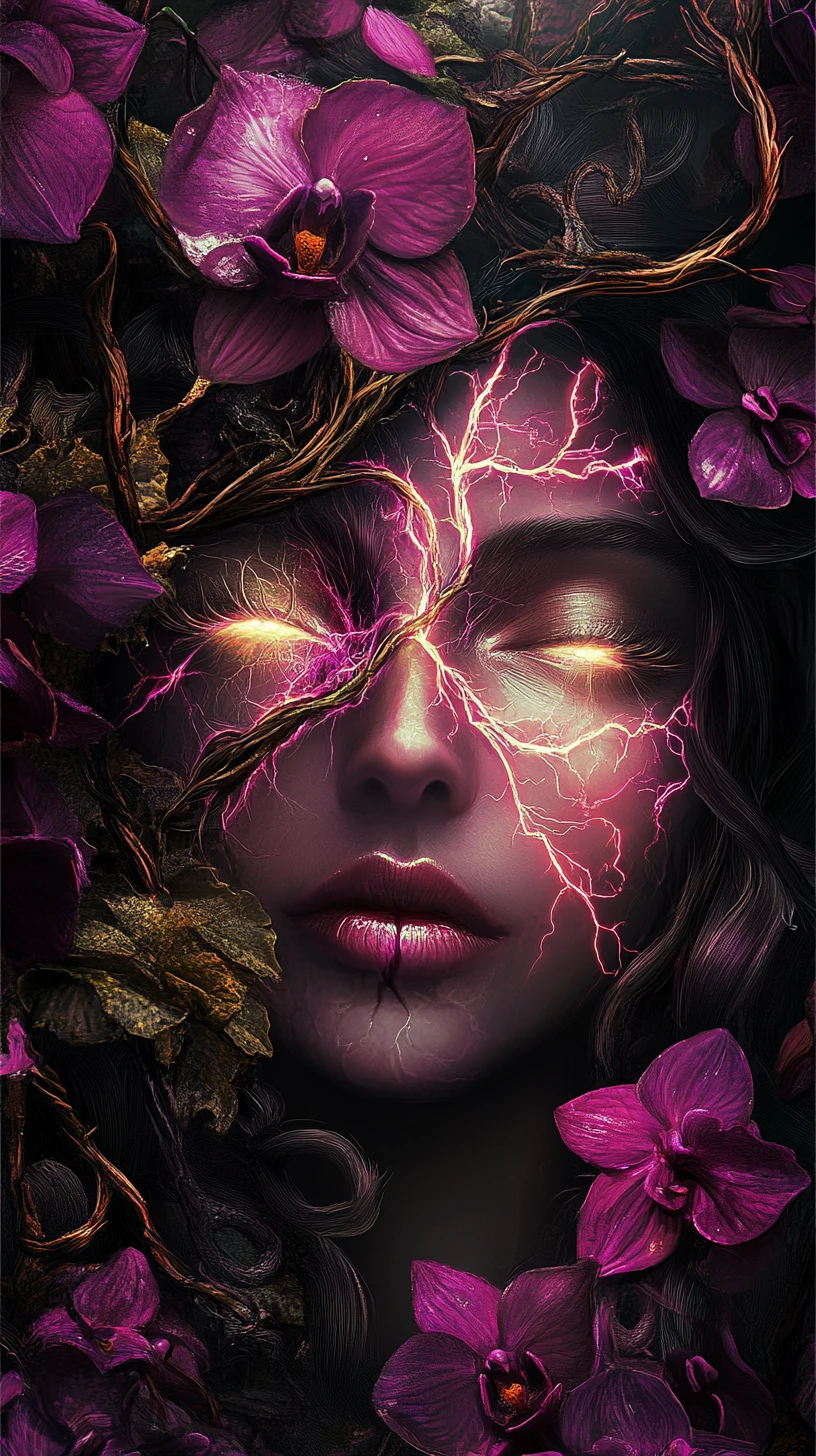 Hada luminosa cuyas venas alimentan un jardín oscuro de orquídeas