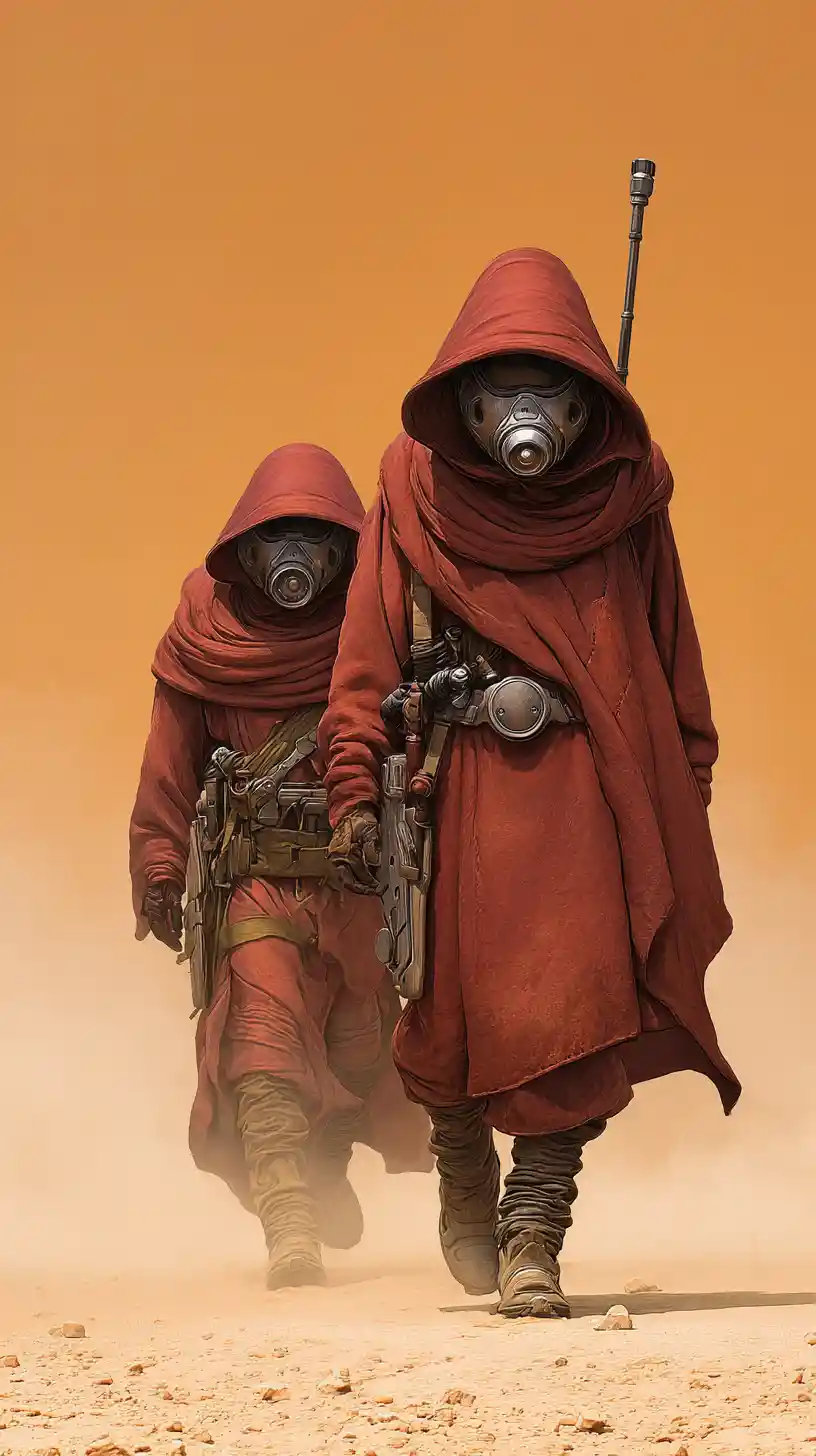Desert monks in protective suits crossing a harsh sandy landscape