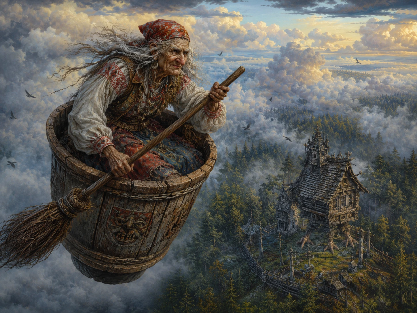 Old witch flying in a wooden tub above a magic forest