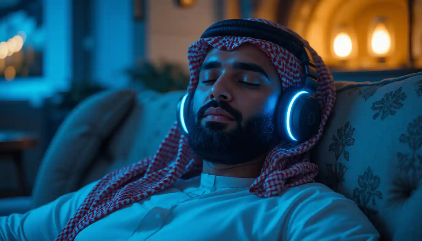 Man in thobe relaxing with headphones on sofa at night