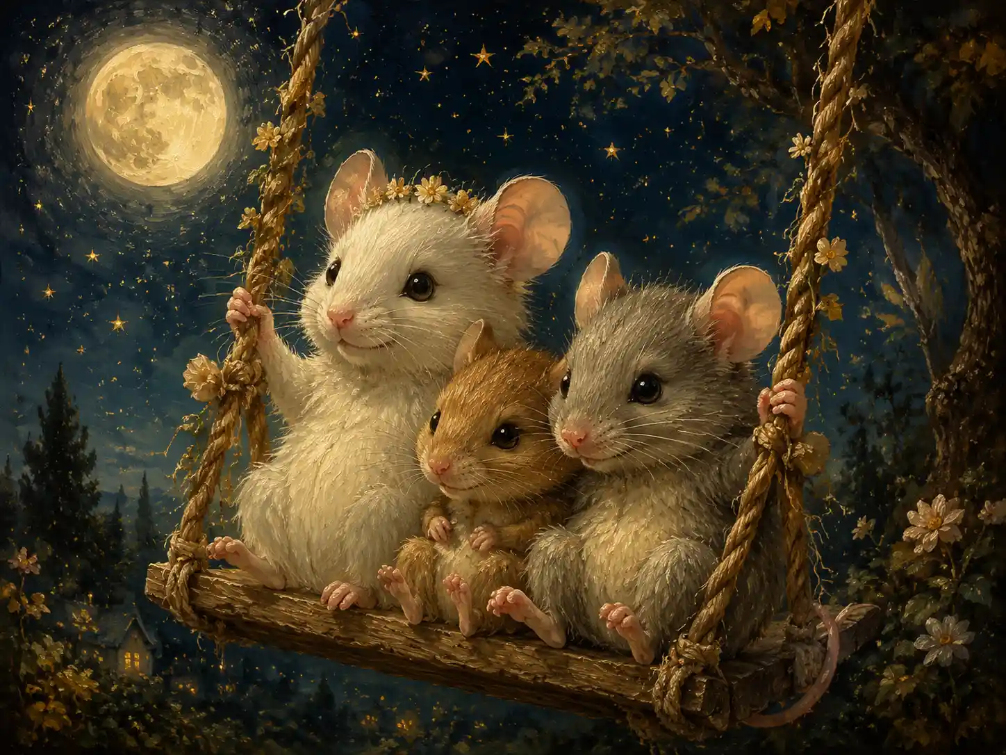 Three fluffy mice on a swing under a moonlit sky