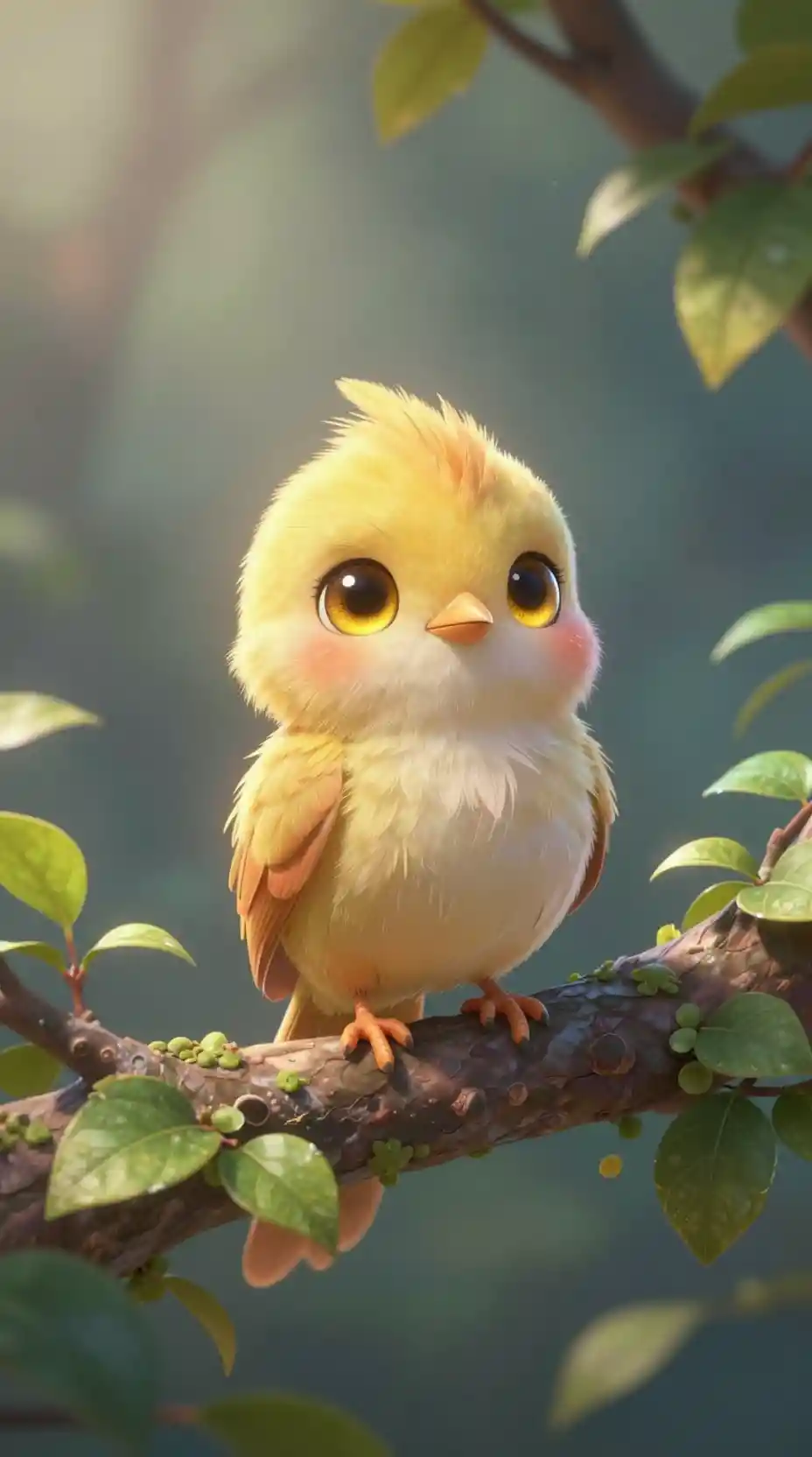 Cute 3D chibi baby bird with large golden eyes