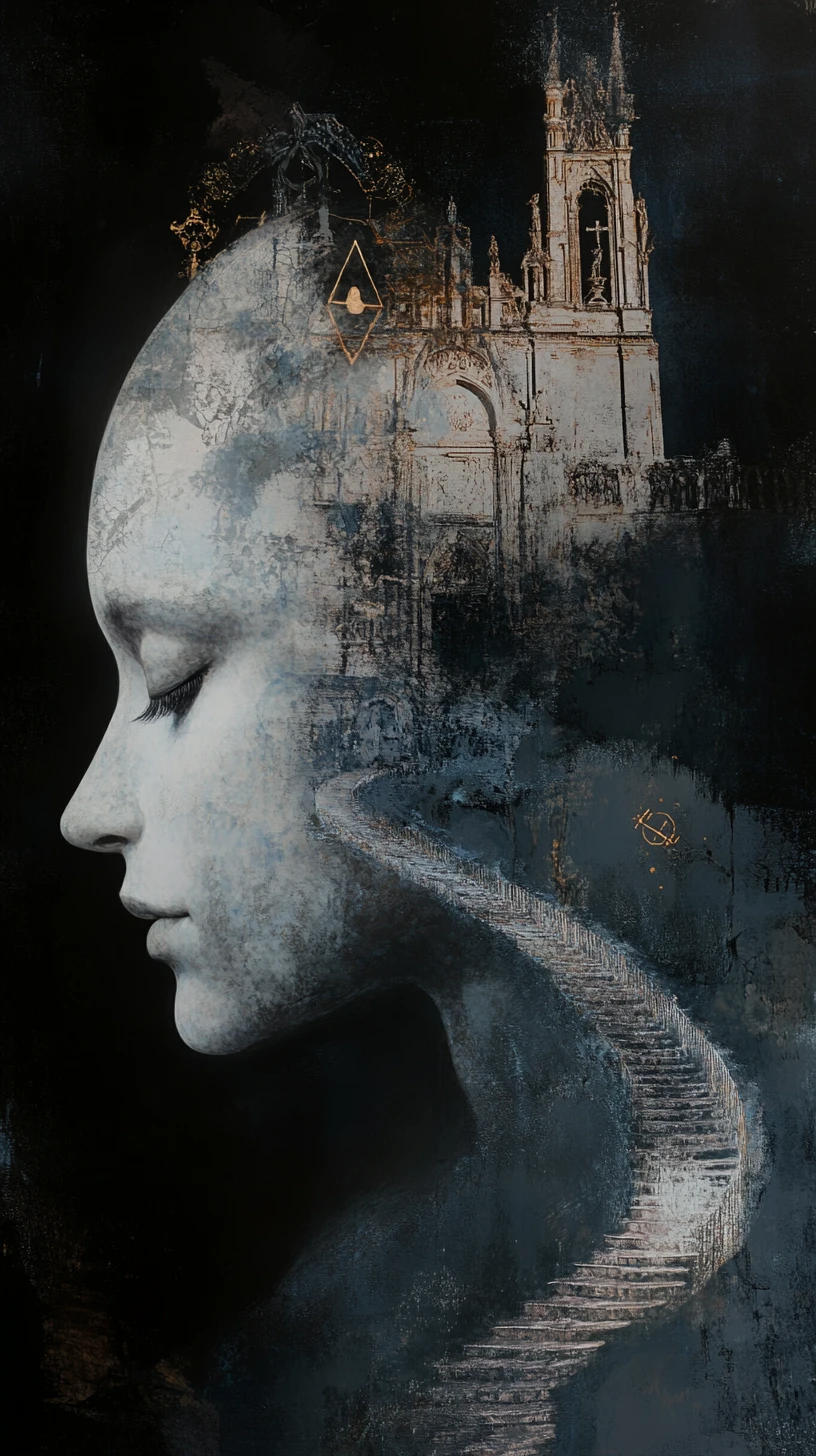 Surreal harlequin profile with path to gothic structure