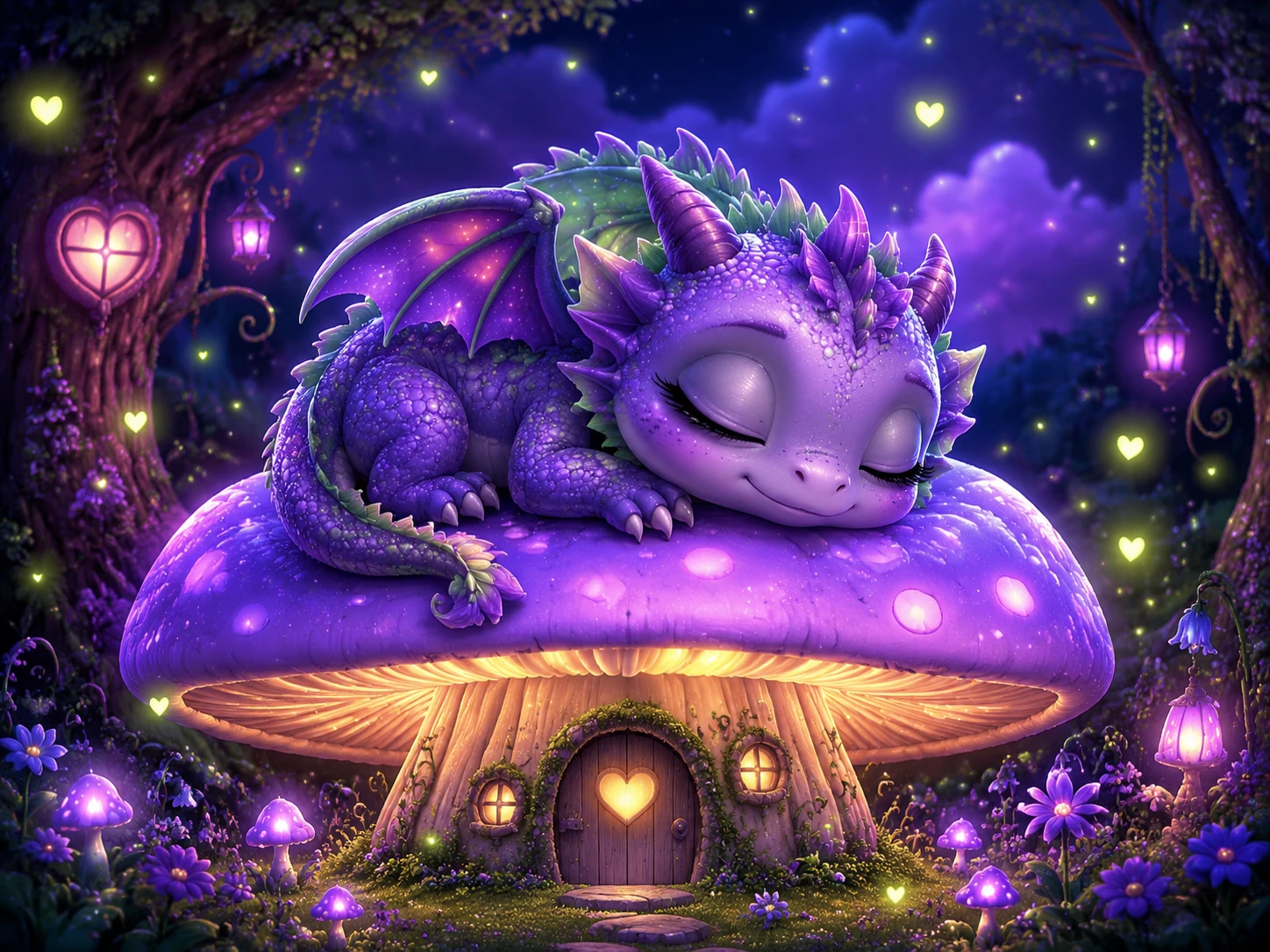 Cute baby dragon sleeping on a glowing forest mushroom