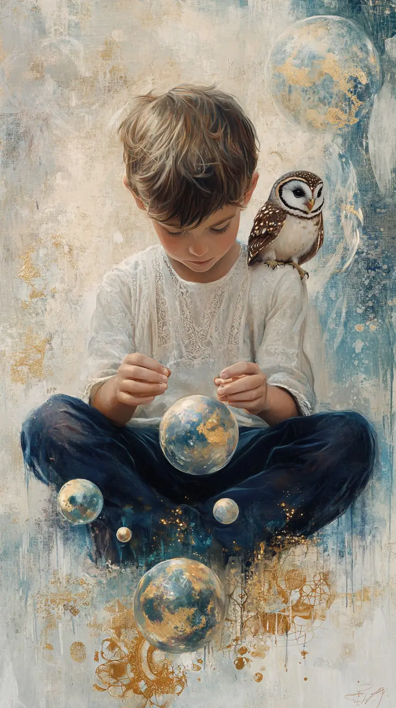Young boy playing with tiny orbiting planets in space