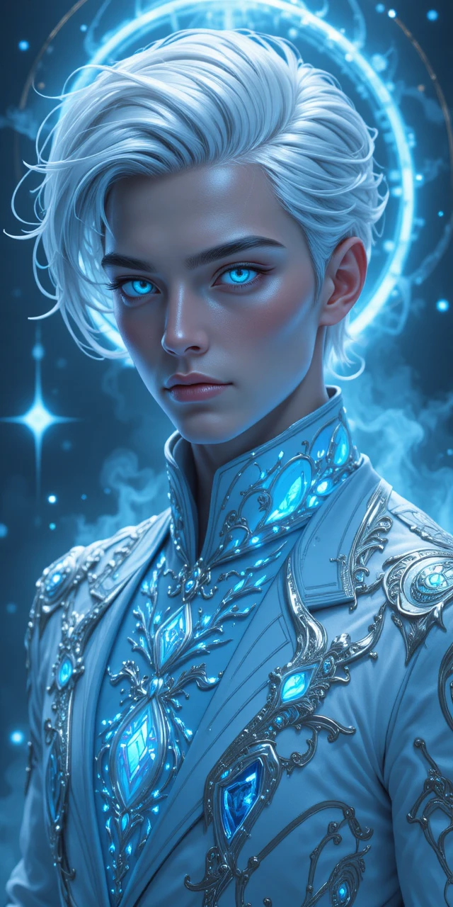 Elegant anime eliatrope man with glowing blue markings