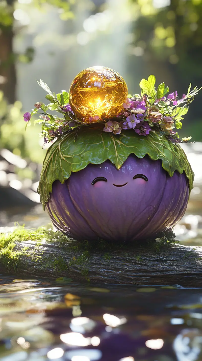 Smiling Cabbage Girl Guiding Amber Glass Ball On Stream