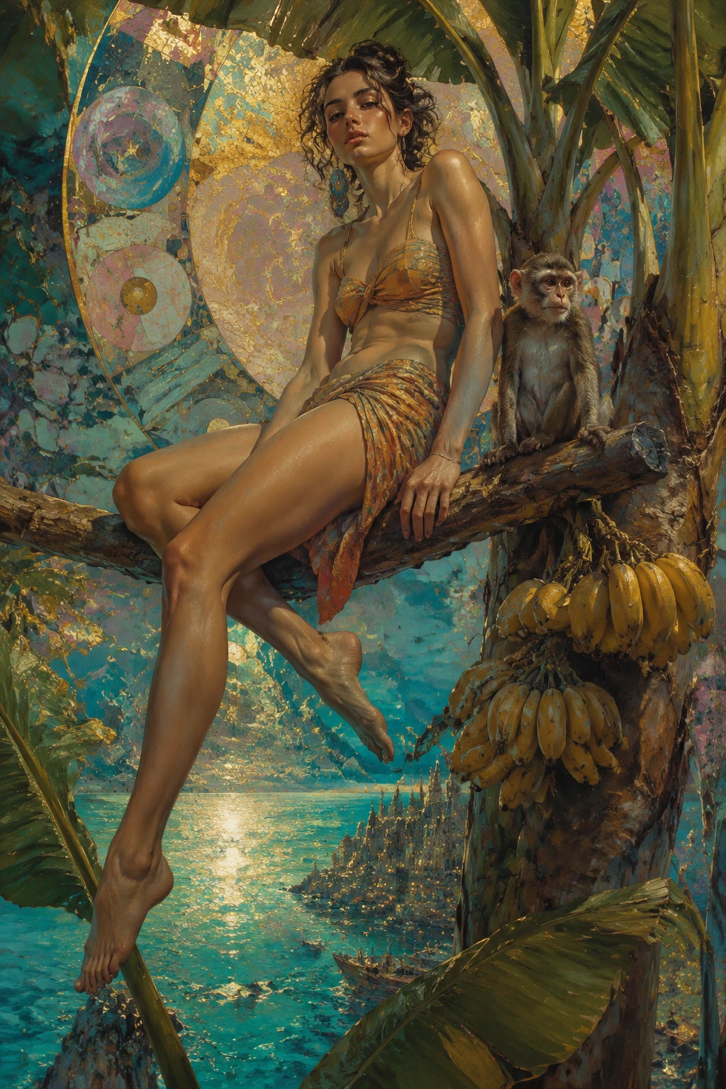 Surreal woman and monkey resting in a glowing banana tree