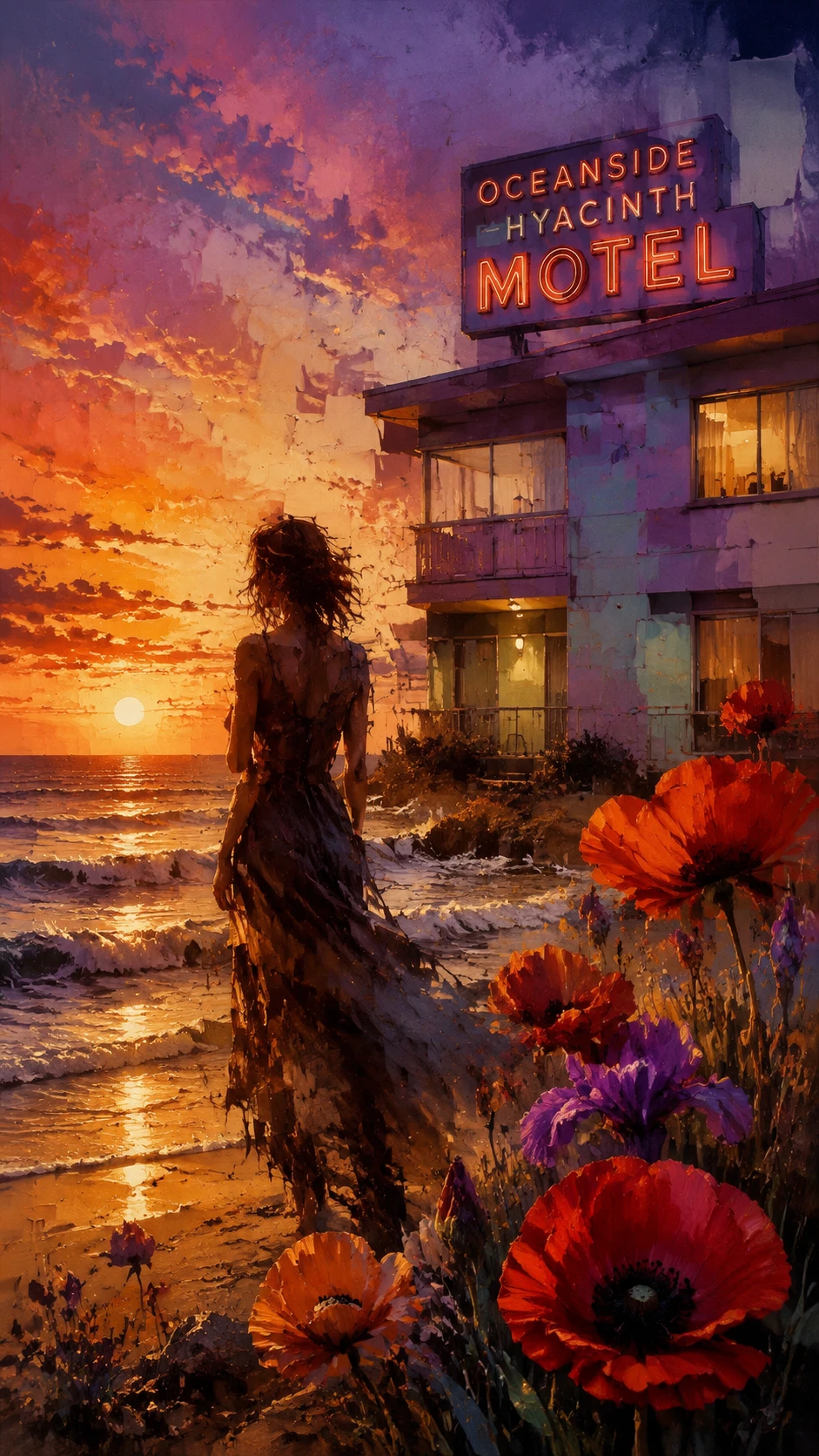 Woman silhouetted by ocean waves at sunset on the beach