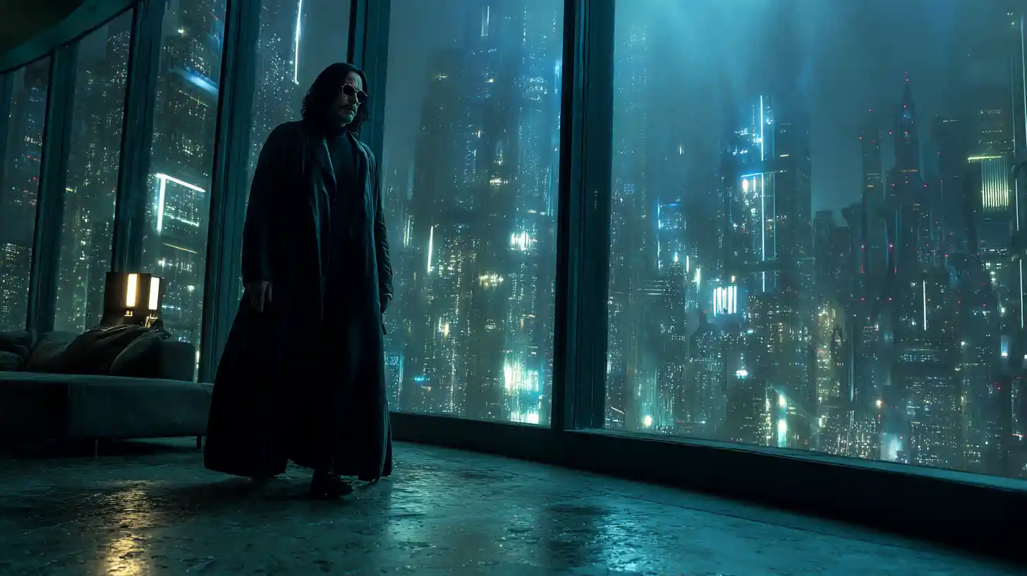 Lone figure walking through neon soaked futuristic city streets