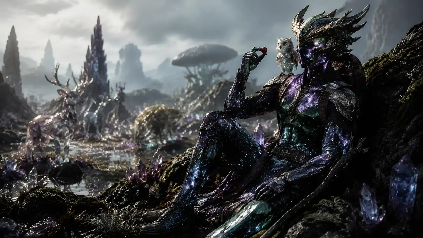 Warforged druid resting by a gemlike forest boulder