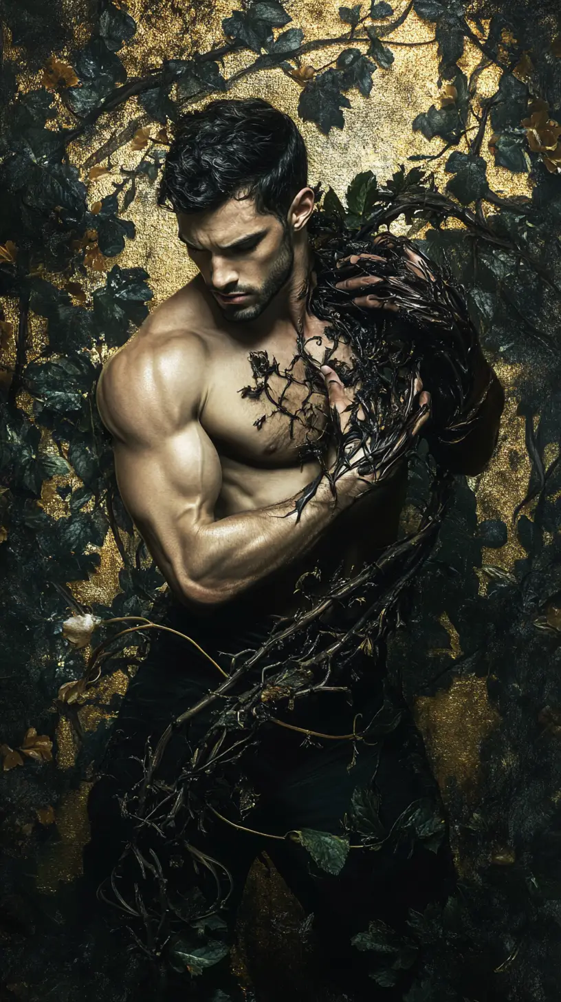 Human figure with beastly shadow in dark floral scene