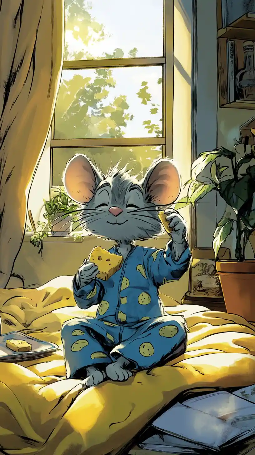 Cartoon mouse stretching on a cozy moonlit bedroom bed