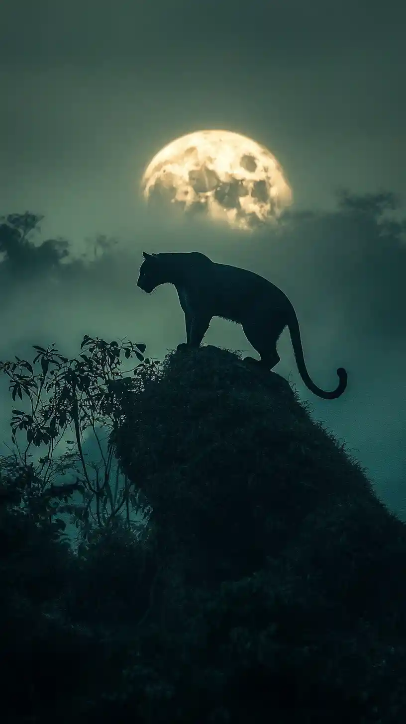 Black panther on a jungle ridge under a glowing moon