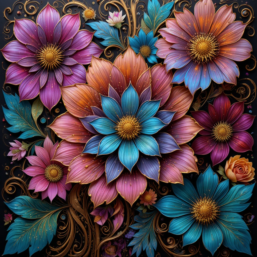 Vibrant Abstract Flower Painting With Gold And Silver Details