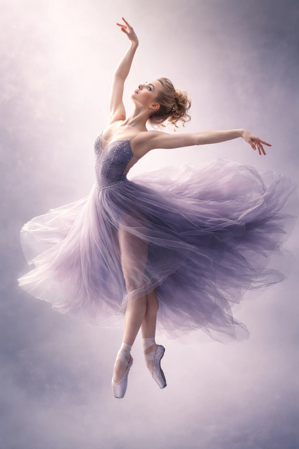 Graceful ballerina leaping mid air in soft violet mist