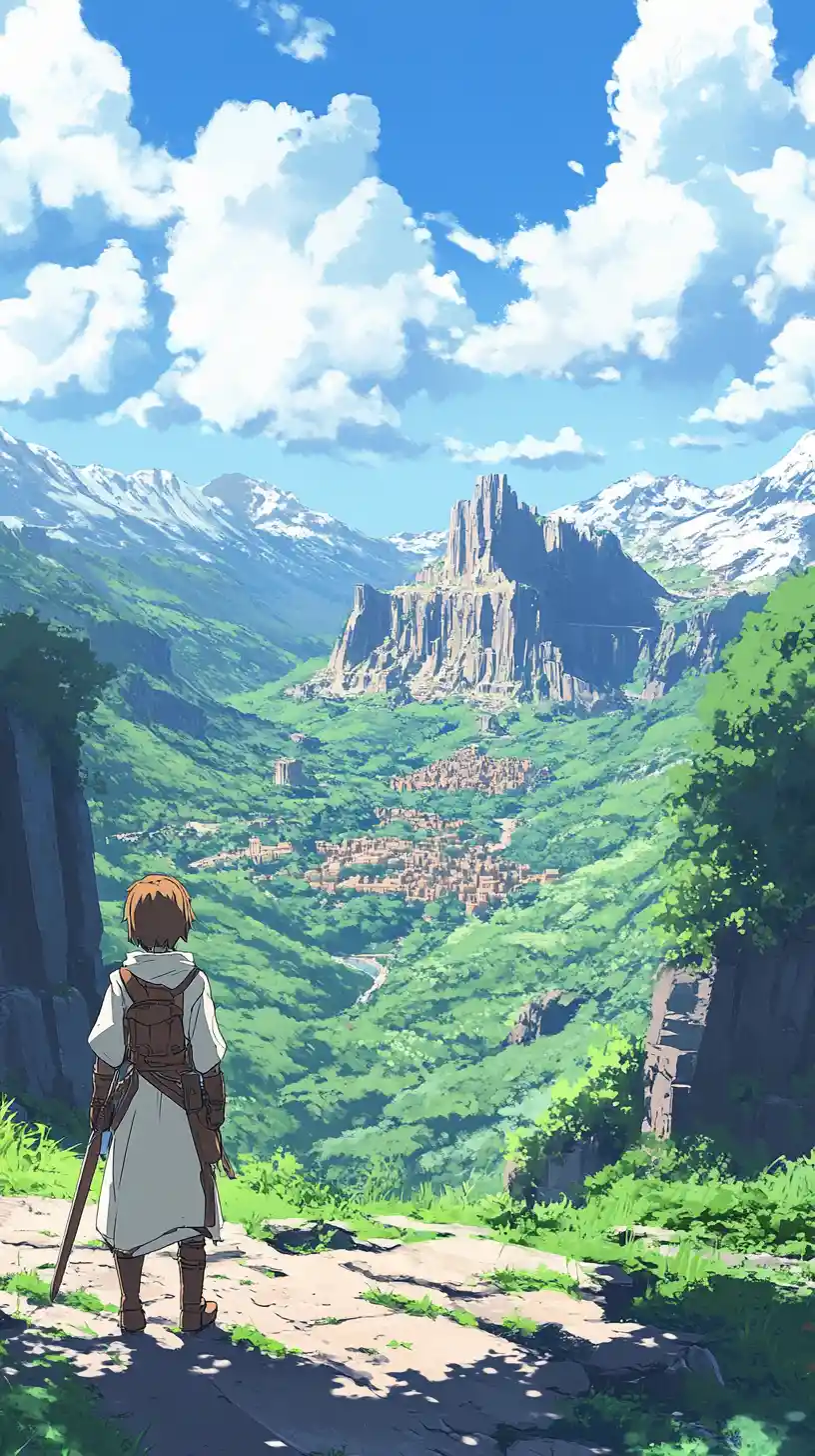 Anime fantasy amphitheatre in a vast mystical landscape