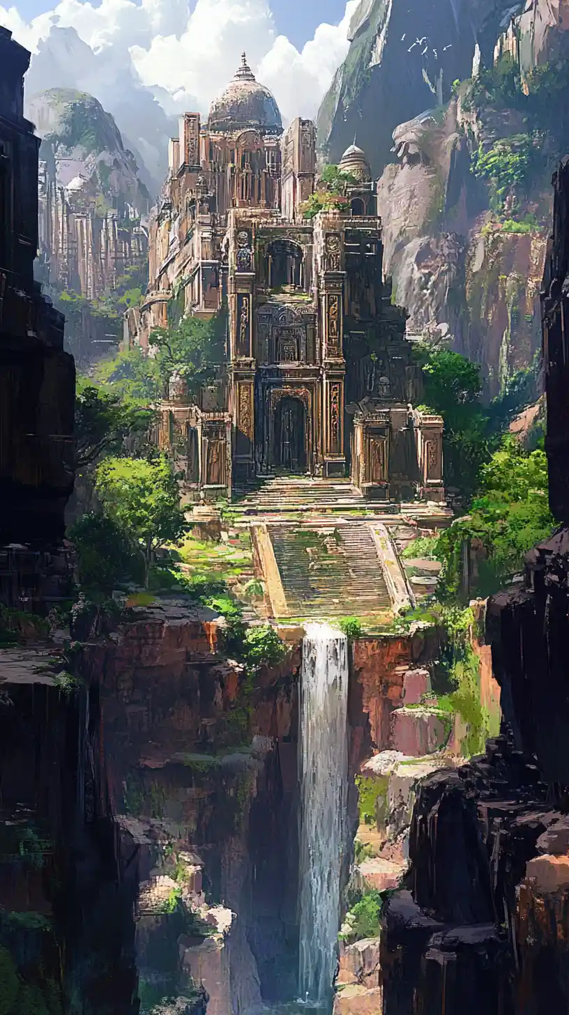 Anime fantasy landscape of the Amnoon desert oasis