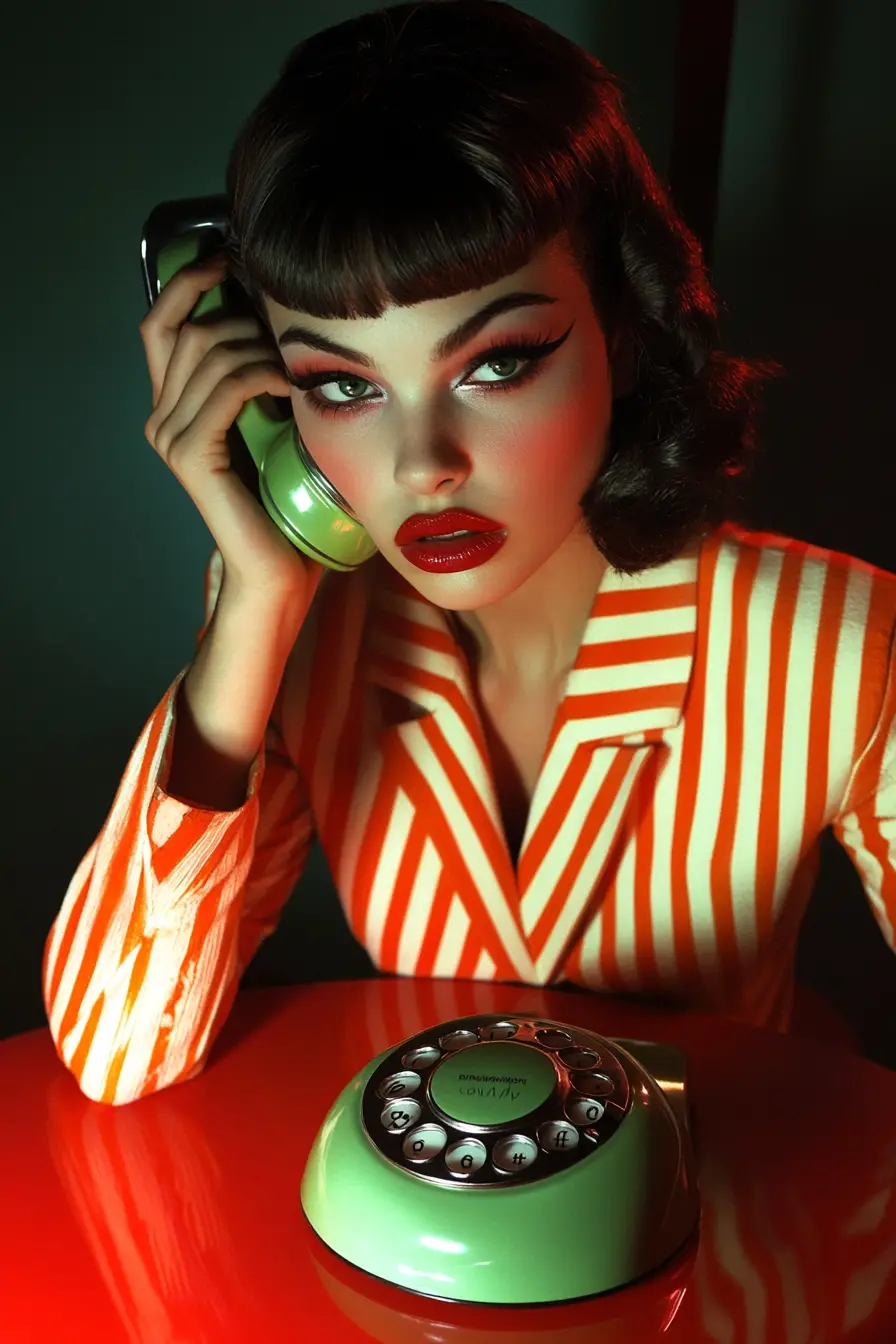 Woman with retro phone in dramatic striped blazer