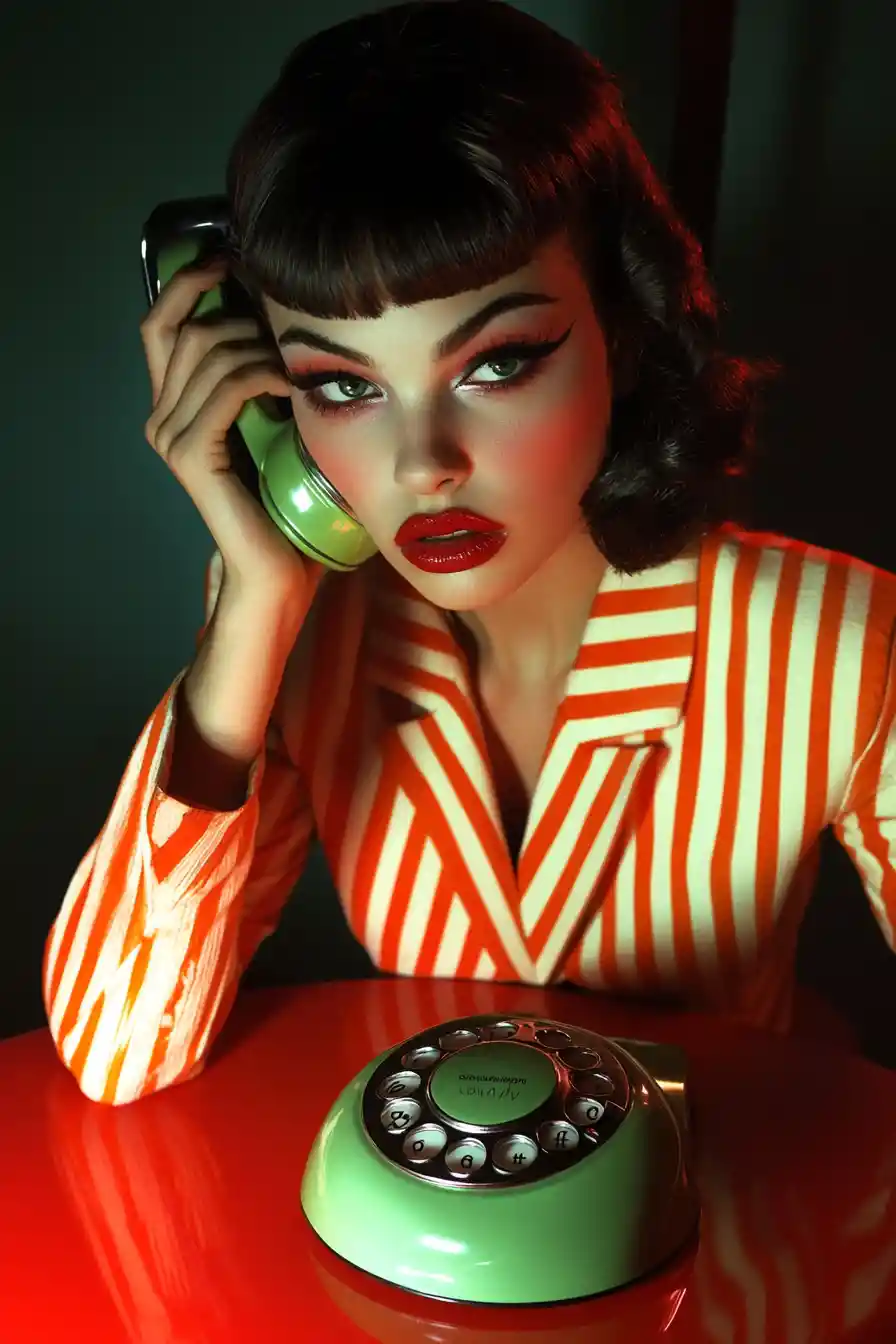 Woman with retro phone in dramatic striped blazer