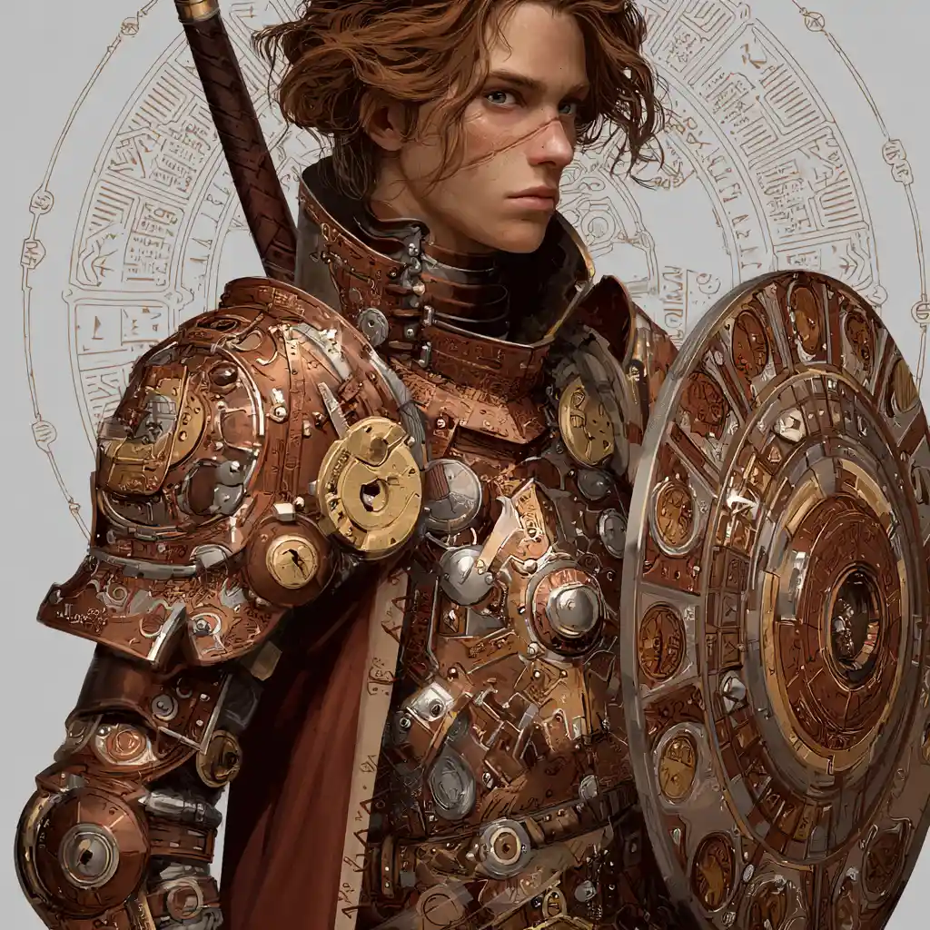 Arcane armored artificer wielding mace and magic shield