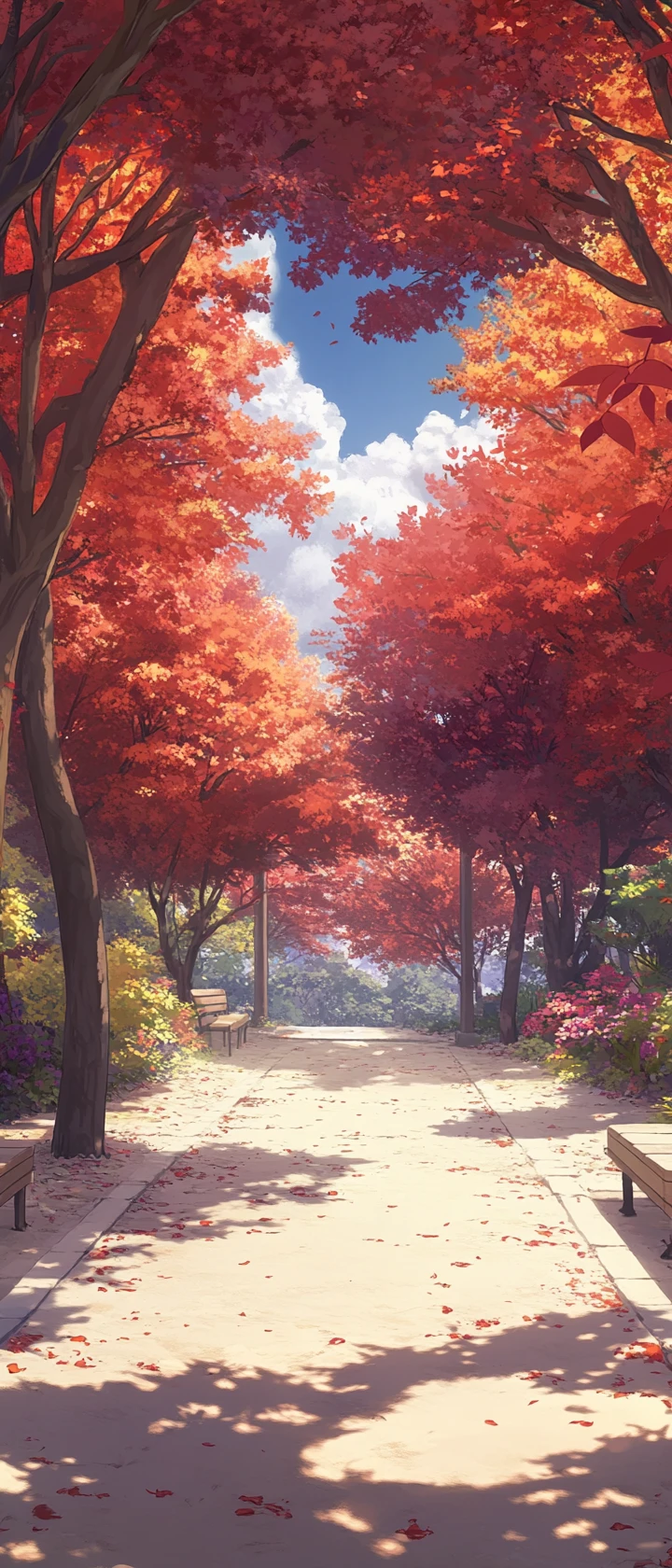 Anime park path lined with red trees and stone benches
