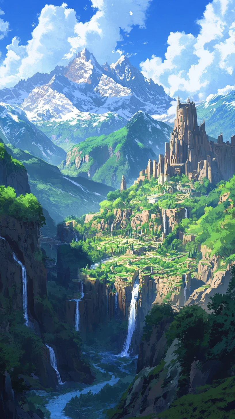 Fantasy amphitheatre rising in an expansive anime landscape