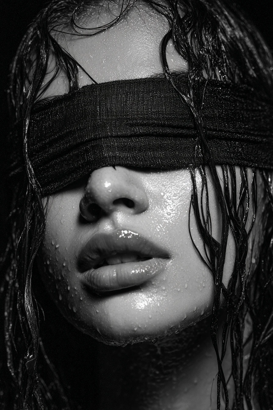 Blindfolded young woman in dramatic black and white closeup