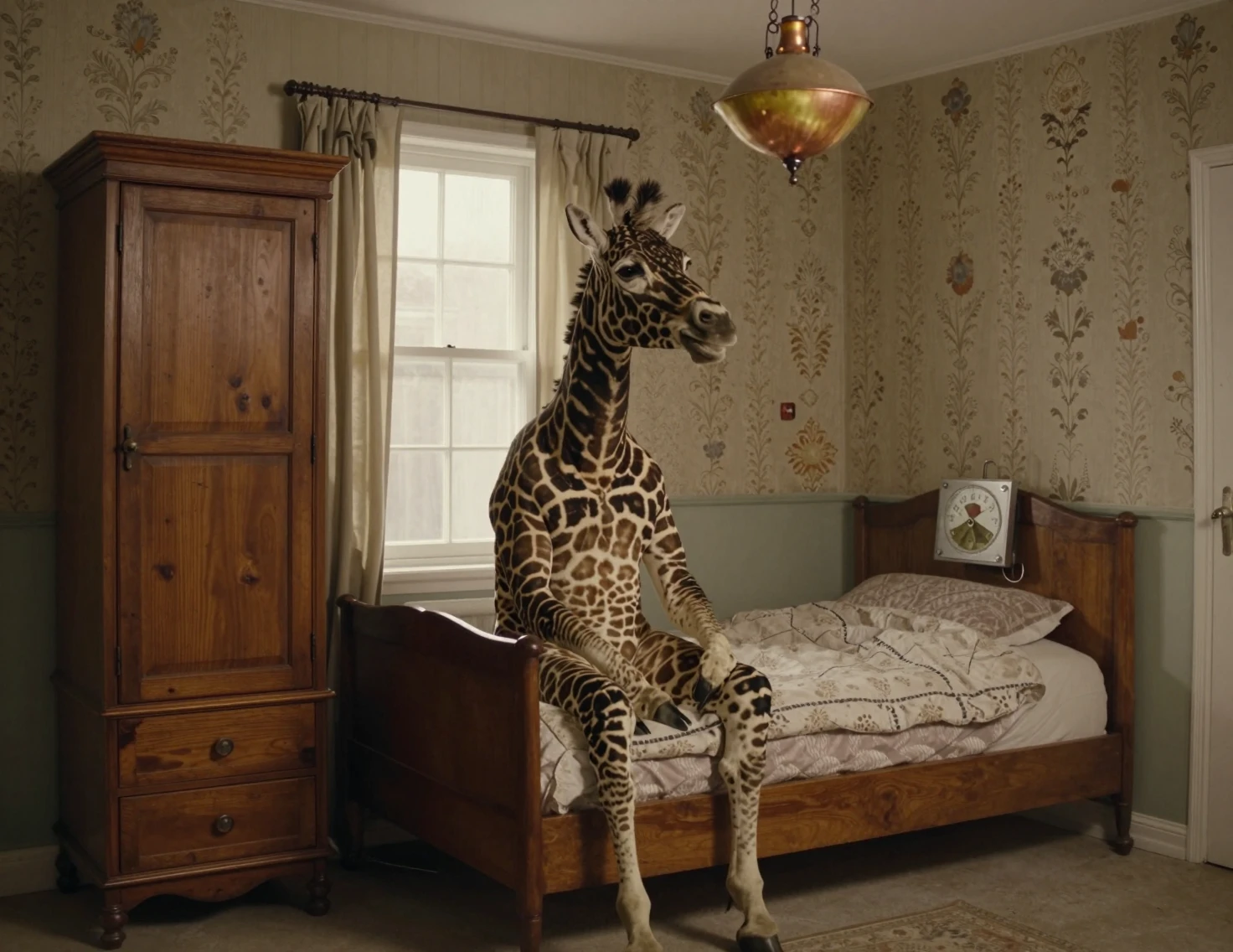 Rhinoceros in striped pajamas stretching on a wooden bed