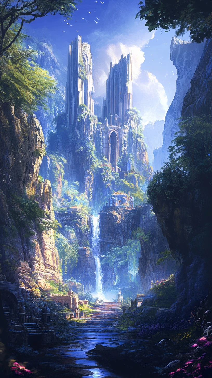 Ancient stone amphitheatre in a vast fantasy landscape