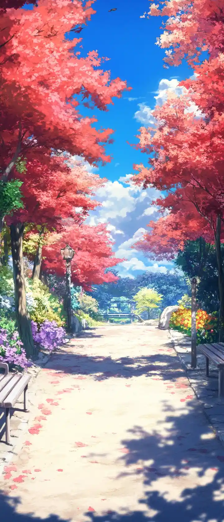 Sentiero di un parco anime fiancheggiato da alberi rossi e fiori