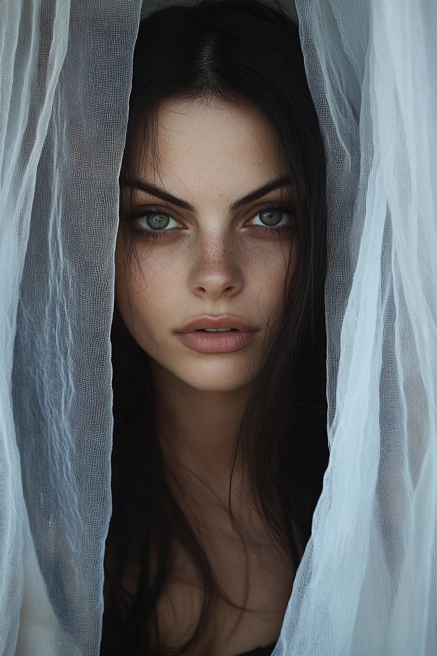 Somber woman with green eyes behind a sheer white curtain