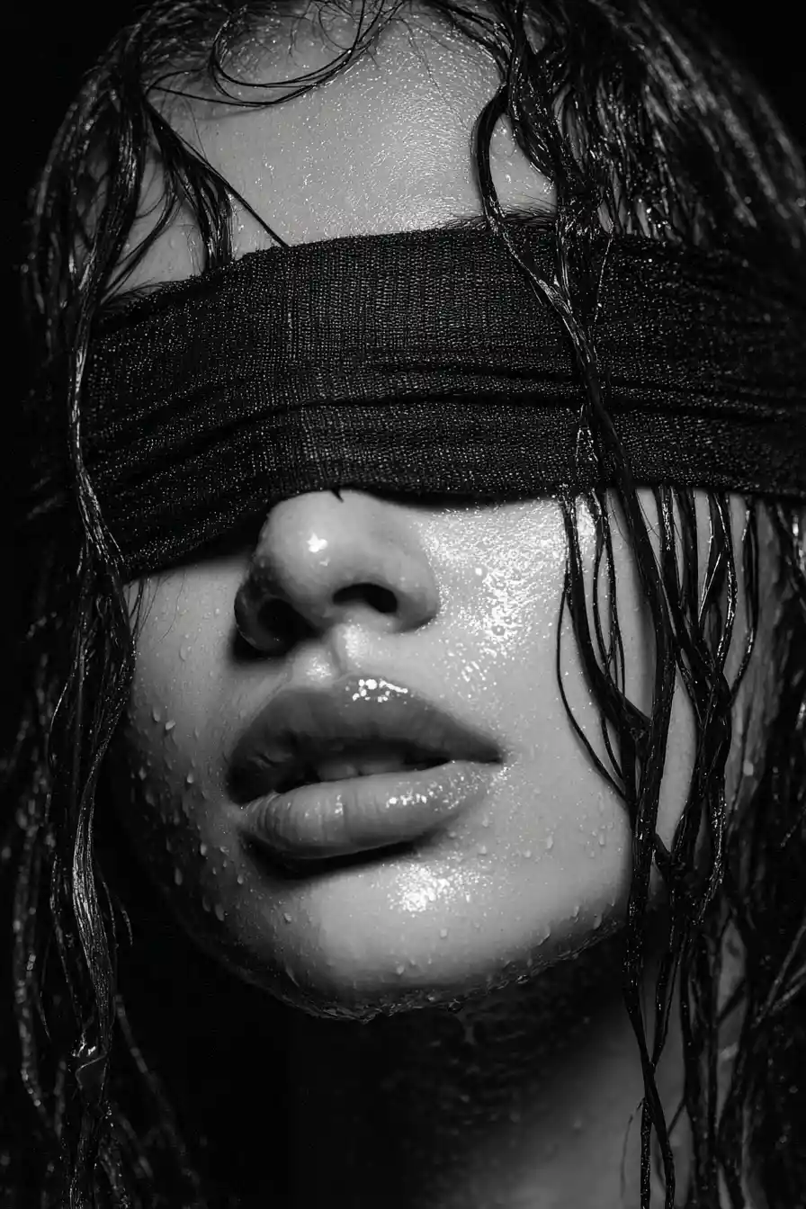 Blindfolded young woman in dramatic black and white closeup