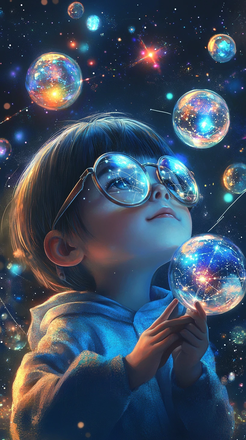 Child Explorer With Bubbles Of Galaxies And Glowing Compass
