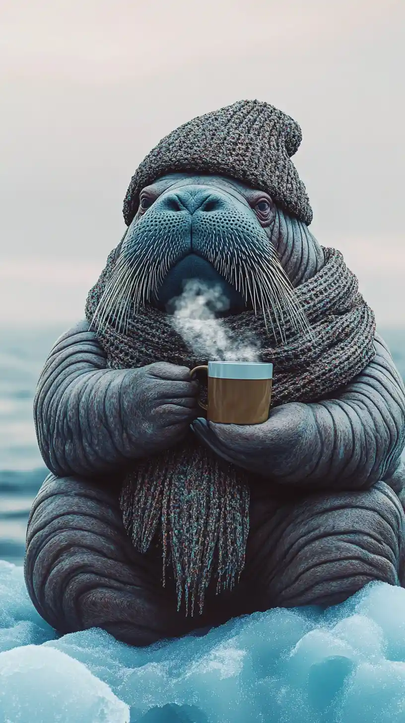 Walrus On Iceberg With Scarf And Hot Drink
