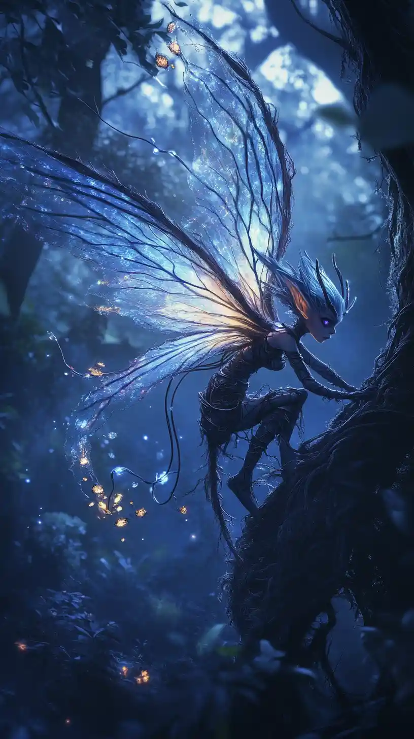 Fairy dragon scout leaping through a moonlit forest