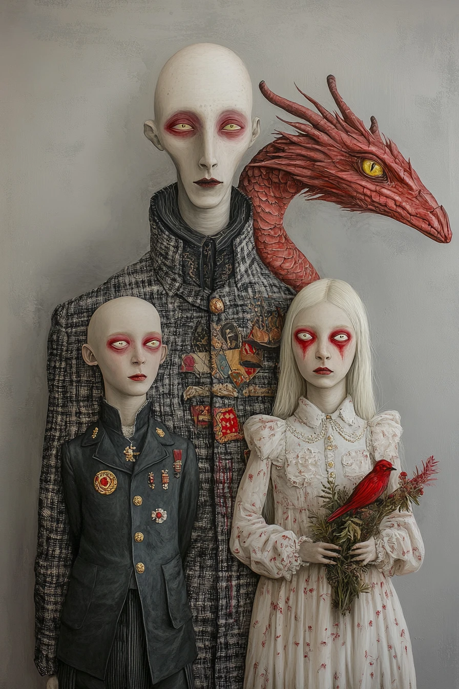 Somber family portrait with children and a looming red dragon