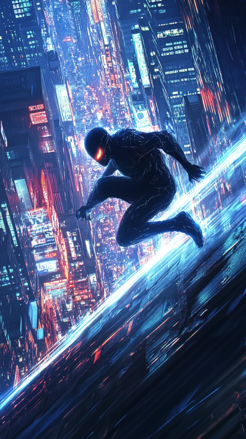 Vigilante Leaping Between Neon Future And Noir Cityscape