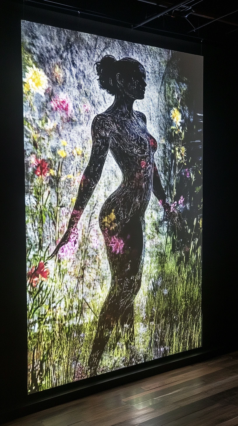 Transparent water woman rising among tall grass and flowers