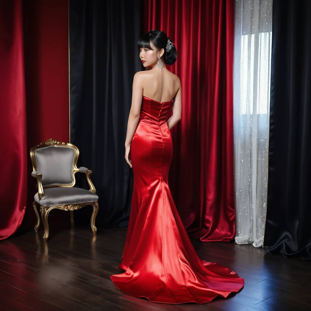 Elegant girl in red satin gown standing in luxury room