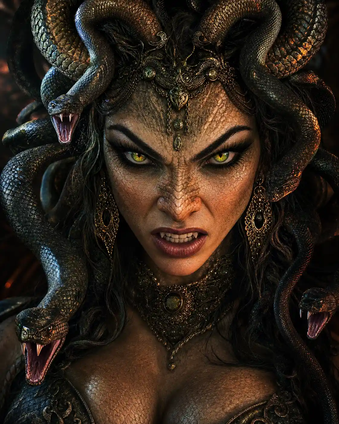 Intense fantasy portrait of a powerful horned woman