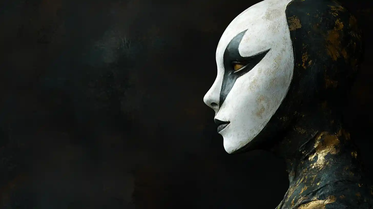Surreal porcelain harlequin woman in dark profile portrait