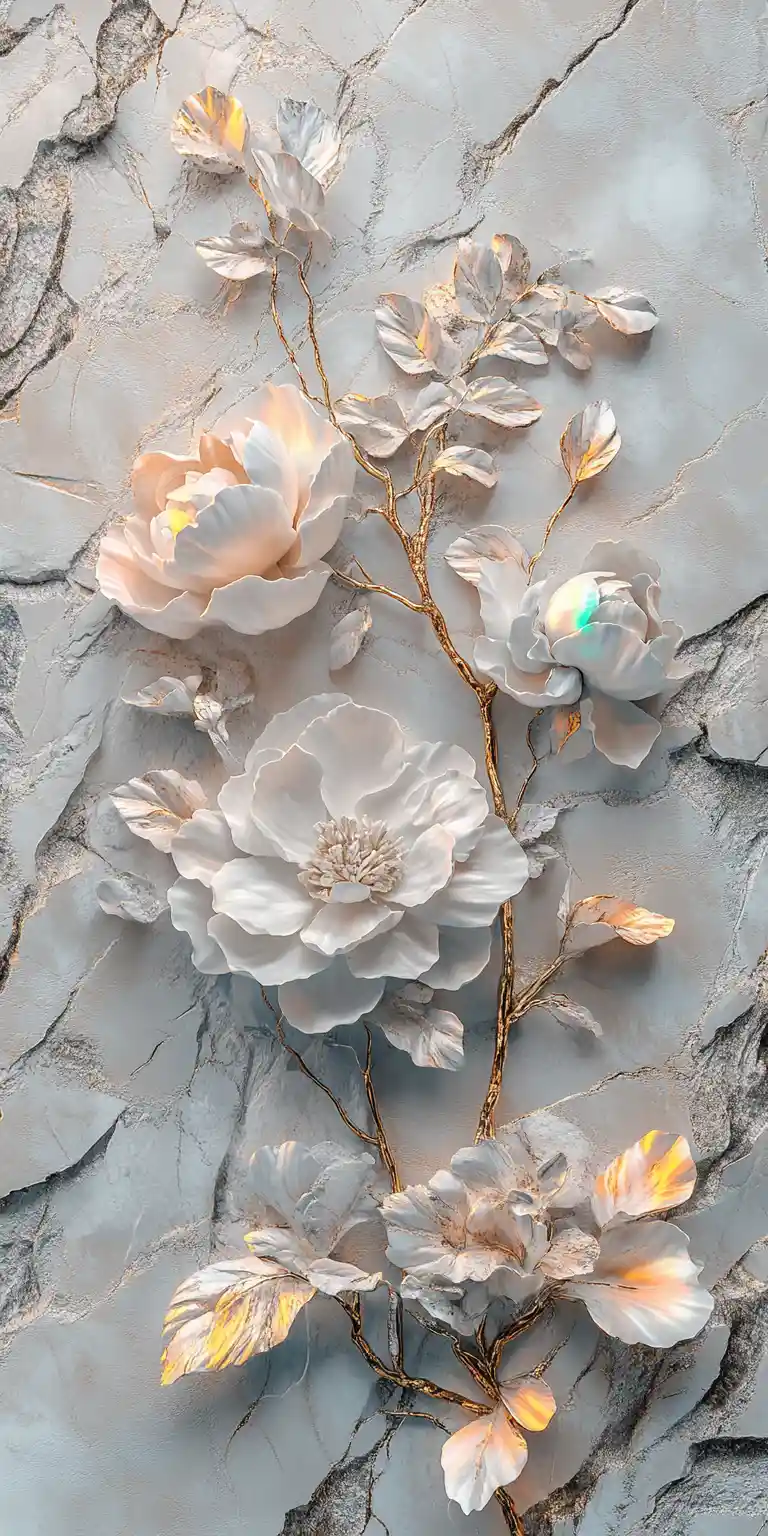 White marble relief of rainbow peonies on rough stone
