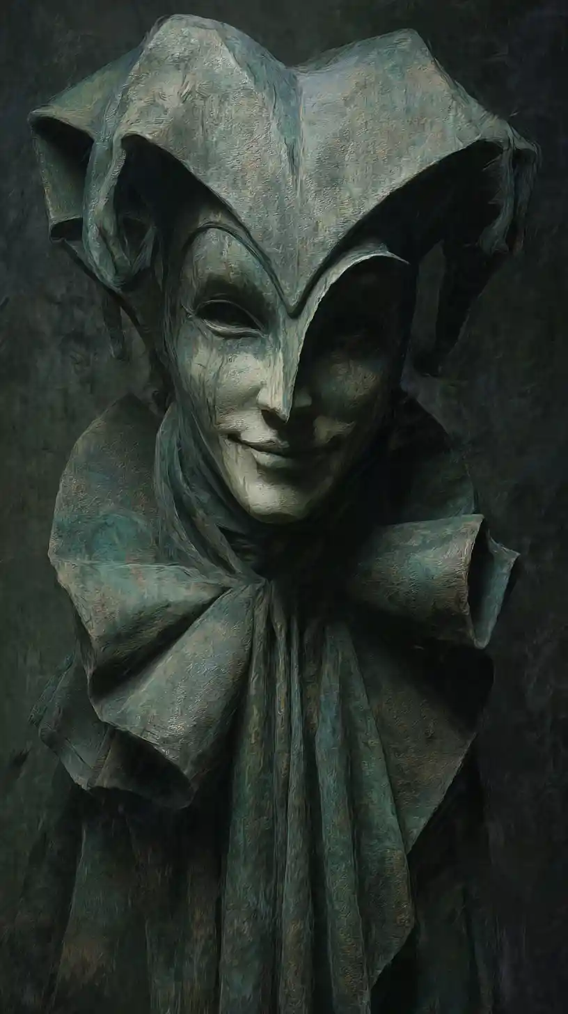 Dark fantasy portrait of a masked harlequin woman