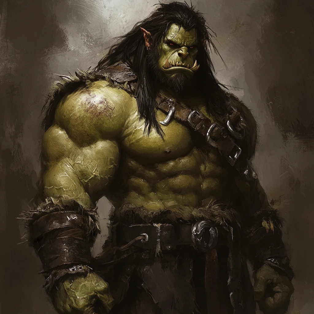 Towering orc barbarian in tattered leather armor and shackles