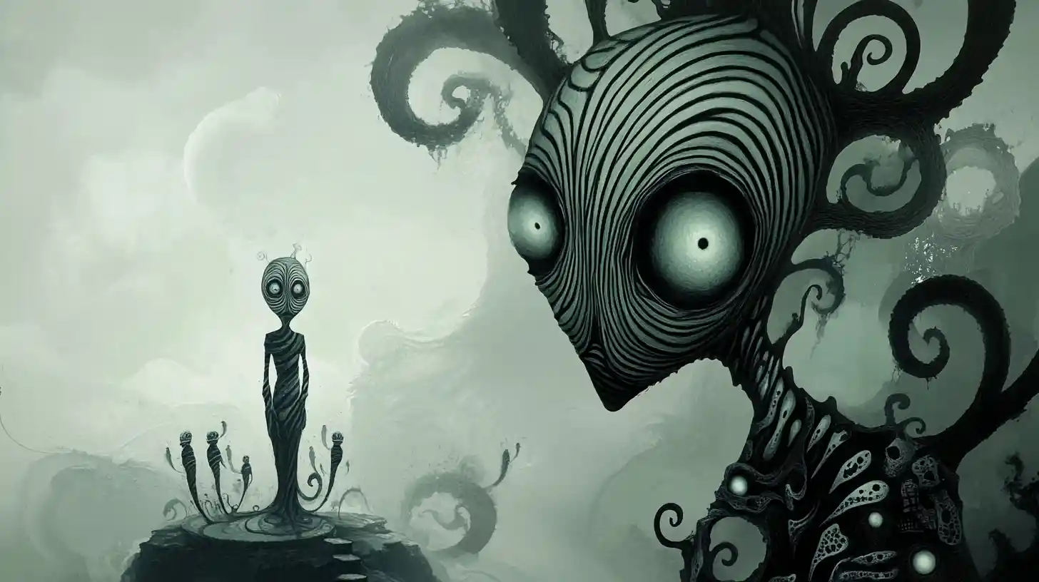 Striped surreal creature splitting beside calm elongated figure